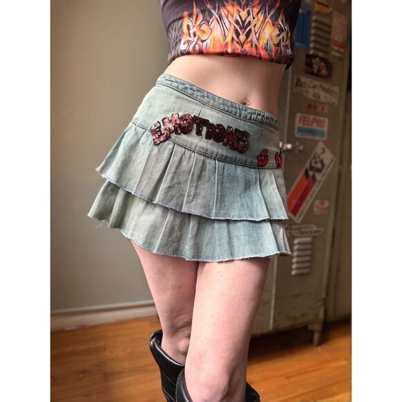 Vintage Y2K Miss Sixty Micro Mini Denim Skirt | Sequin Graphic | 28" - Picture 2 of 12
